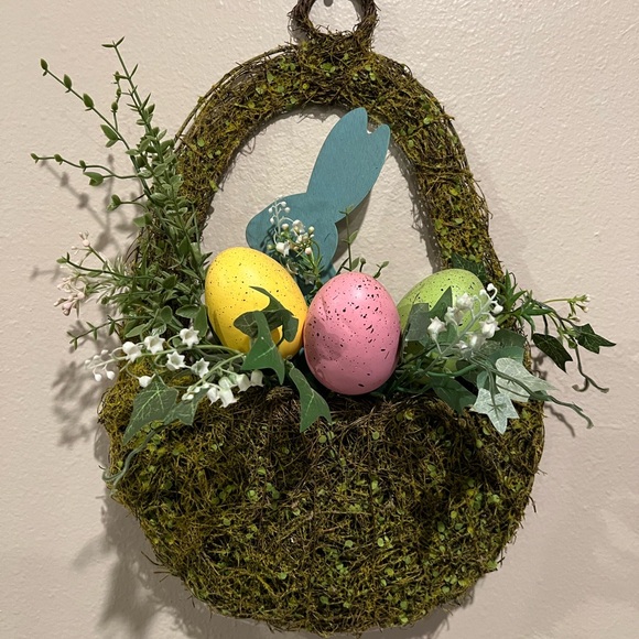 Easter Wreath Wall Decor Basket Shaped w/Grapevine, Moss, Eggs, & Bunny - Picture 3 of 3